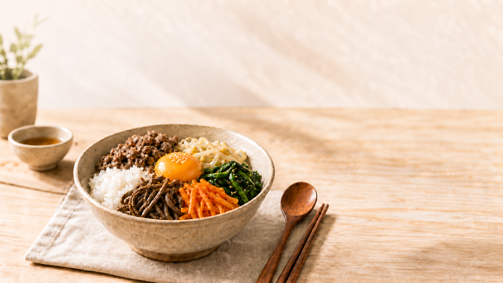 나무 식탁 위 비빔밥. 지은 밥 위에 소고기, 계란, 콩나물, 시금치, 당근, 고사리가 놓여 있습니다.